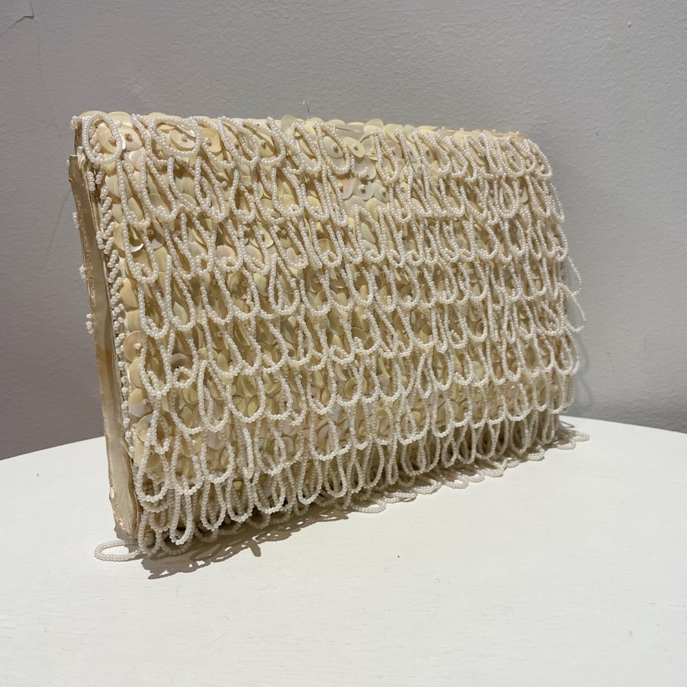 Vintage 60s Cream Beaded & Iridescent Sequined Envelope Clutch Made in Hong Kong